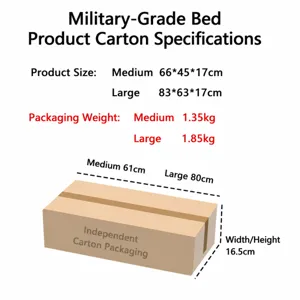 Pet camping cot packaging size chart, showing box dimensions and weights for medium and large sizes.