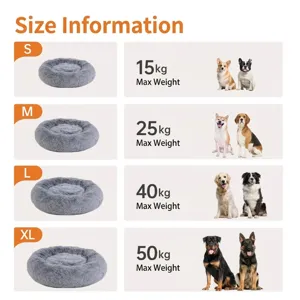 Cozy round plush pet bed size chart showing S to XL options with weight guide for cats and dogs.