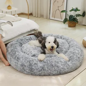 Fluffy round pet bed detail showing soft grey plush fabric and comfortable design for cats and dogs.