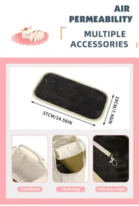 Detailed view of portable pet cat bag accessories, breathable mesh window and secure anti-loss rope.