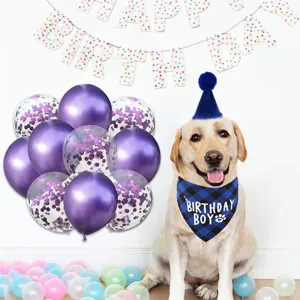 Pet birthday party costume set with blue party hat, plaid bandana, and balloons for dogs.