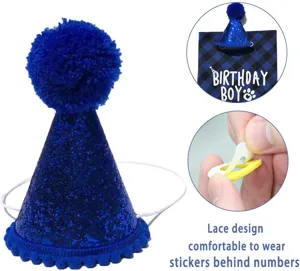Blue glitter pet birthday hat with pom-pom and elastic strap for dogs and cats party supplies.