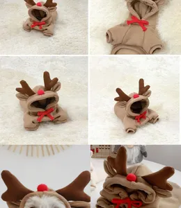 Cute Christmas reindeer pet dog hoodie, warm fleece winter clothes for small and medium dogs.