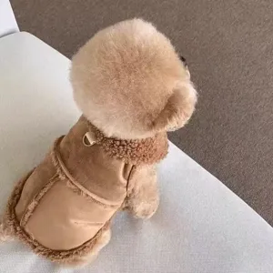 Cozy pet vest closeup, soft fleece-lined suede dog jacket for small puppies and cats, warm winter apparel.