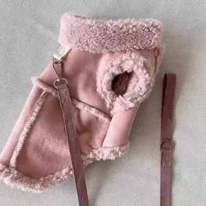 Pink pet winter vest with leash fluffy shearling lining warm puppy coat detail view