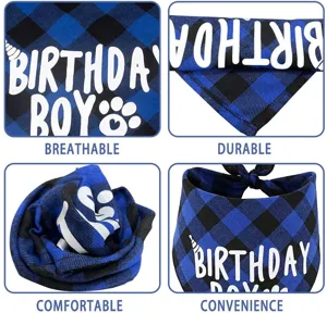 Blue plaid pet birthday bandana with breathable and durable fabric for dogs and cats.