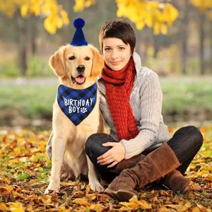 Pet birthday party hat and plaid bandana detail, cute dog and cat festive decoration costume.