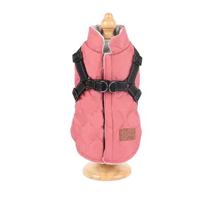 Pink thickened pet dog winter coat with integrated harness vest for small dogs detail view