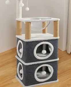 Arbre à chat multi-niveaux avec capsule transparente, poteaux en sisal et niches confortables.
