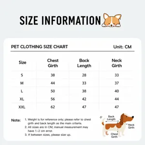 Pet dog clothing size chart, detailed measurements for small and medium dogs in cm.