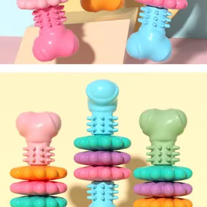 TPR dog chew bone molar toy detail view, colorful interactive pet teeth cleaning toy set.