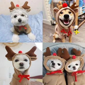 Cute pet reindeer hoodie for small dogs Christmas holiday warm costume brown pet apparel