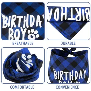 Blue plaid dog birthday bandana for pets, breathable and durable puppy party bib decoration.