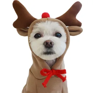 Cute Christmas reindeer dog hoodie costume for small medium pets winter warm apparel main view