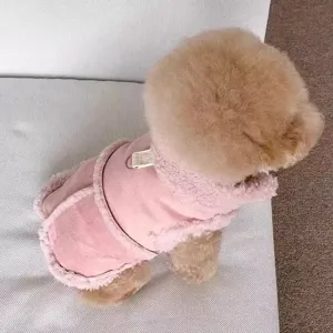 Pink fleece pet winter vest for small dogs, warm puppy coat with leash ring for daily walking.