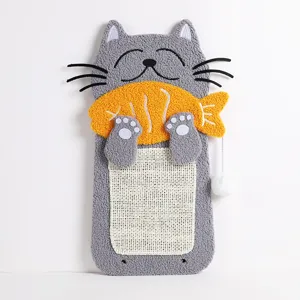 Cute grey cat shaped pet scratching board with yellow fish, durable sisal and plush material.
