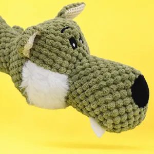 Cute green plush dog squeak toy, soft corduroy interactive chewing toy for pets.