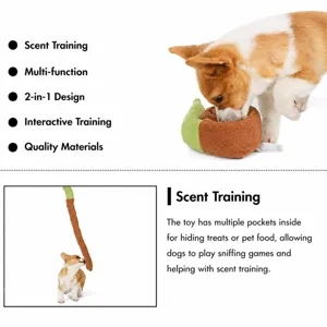 Detailansicht des Plüschschnecken Schnüffel Hundespielsacks mit interaktiven Taschen für Futter.