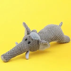 Grey crochet elephant pet chew toy with squeaker, cute interactive plush toy for dogs and cats.