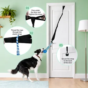 Interactive dog door-mounted tug of war toy, durable chew rope and ball for indoor play.