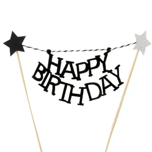 Banner topper torta Happy Birthday nero con stelle glitterate per decorazioni di feste