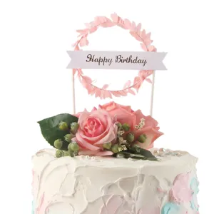 Elegant forest style pink leaf wreath Happy Birthday cake topper for birthday party decoration