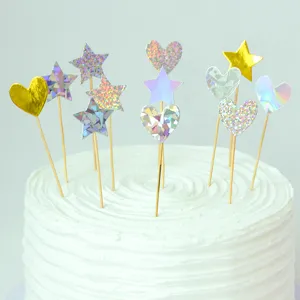 Decorazioni per Torte a Forma di Stella e Cuore Olografiche Confezione da 5 Pezzi Glitter Laser per Compleanno Matrimonio Festa