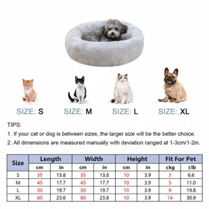 Detailed size chart guide for the cozy pet bed with complete dimensions in cm and inches.