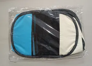 Foldable pet playpen detail view, showing the collapsed tent fabric and mesh structure clearly.