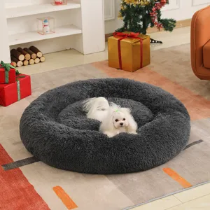 Cozy plush round pet bed for cats and dogs, warm thickened winter donut sleeping mat.