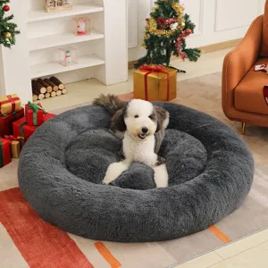 Large round fluffy pet bed dark grey plush dog bed warm cozy winter mat for cats and dogs