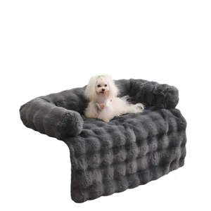 Winter warm plush pet sofa bed with soft long fur, cozy non-slip sleeping mat for dogs cats.