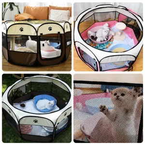 Foldable pet playpen and cat delivery room octagonal tent with breathable mesh windows.