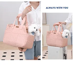 Pink quilted pet carrier bag, large capacity portable single shoulder crossbody bag for pets.