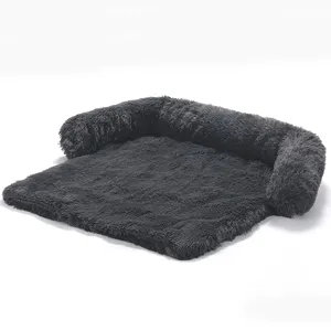 Lit canapé pour animal de compagnie en peluche gris foncé, tapis douillet pour chien et chat hiver.