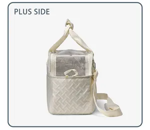 Detail view of the portable beige pet carrier bag with breathable mesh window and woven pattern.