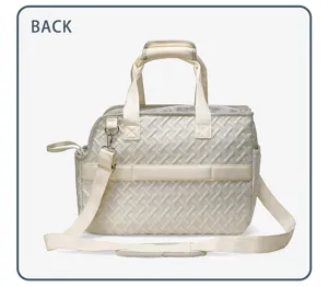 Portable quilted pet carrier bag, breathable shoulder crossbody canvas bag, back view detail.