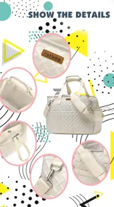 Detailed view of pet carrier bag showing quilted texture, mesh ventilation, and metal hardware.