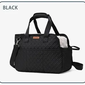 Portable black pet carrier bag with shoulder strap, breathable large capacity design for cats.