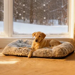 Cozy plush pet bed for dogs and cats, thick warm long-haired cushion for winter indoor use.
