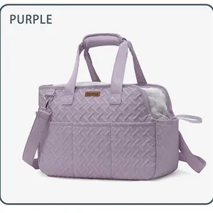 Portable purple pet carrier bag, breathable mesh and soft fleece interior for cats and dogs.