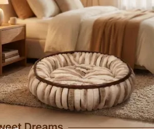 Round plush pet bed detail showing cozy striped faux fur design and dark leather piping trim.