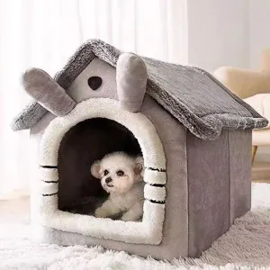 Cozy winter warm pet house interior detail, soft plush grey cat and small dog cave bed.