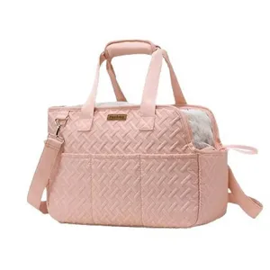 Pink quilted pet carrier bag with shoulder strap, breathable soft pet travel bag for cats dogs.
