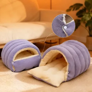 Warm winter pet cat bed, washable morandi purple arctic velvet sleeping bag for small dogs and cats.