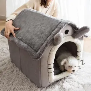 Cozy plush pet house detail, soft grey fabric and fluffy trim for small cats dogs.
