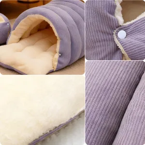 Detailed view of the warm winter pet sleeping bag in Morandi purple with plush lining.