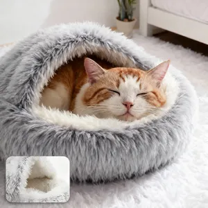 Semi-Closed Hooded Cat Bed Warm Long Plush Cat House Cute Soft Pet Nesting Cave For Winter Small Dogs And Cats