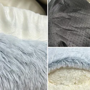 Detailed close-up view of soft fluffy plush pet bed fabric and anti-slip bottom design.