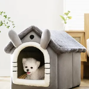 Pet Winter Warm Cat Bed Semi-Closed Cartoon House Small Dog Bed Cute Rabbit Ears Plush Washable Sleeping Nest